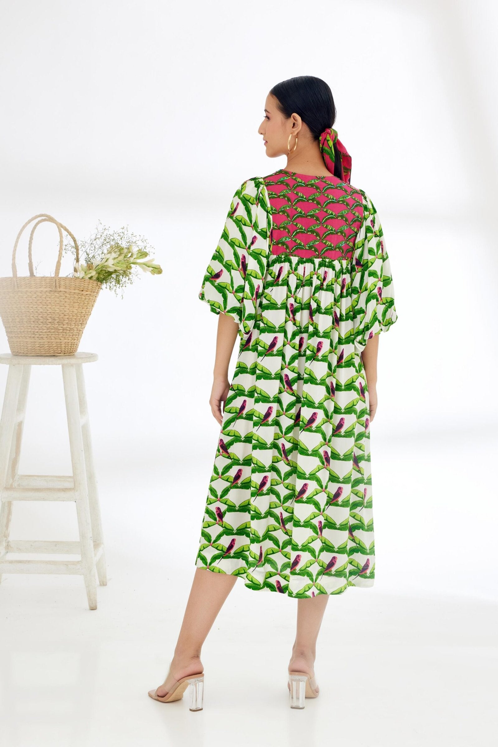 Off-White Hand painted Parakeet Print Dress