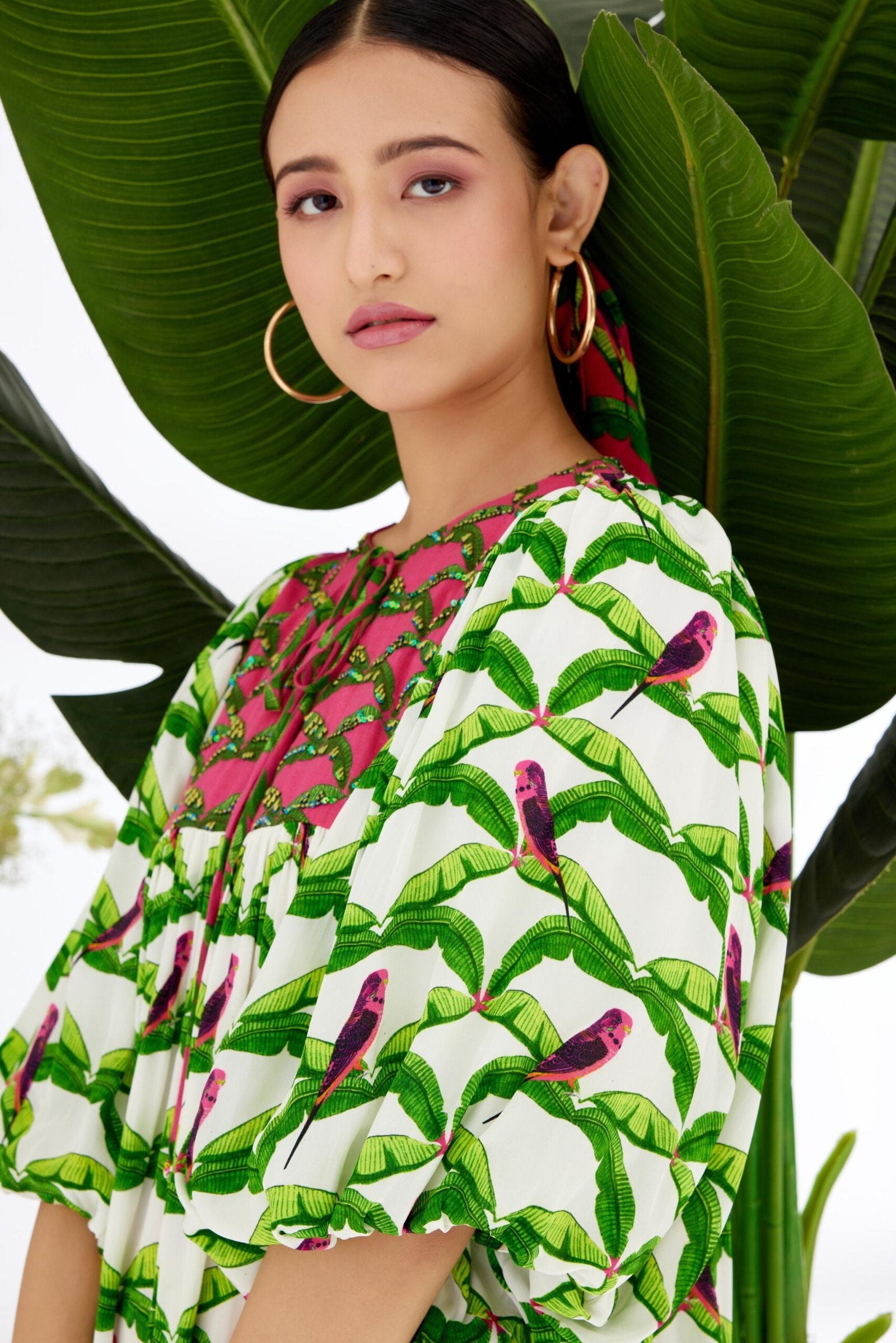 Off-White Hand painted Parakeet Print Dress