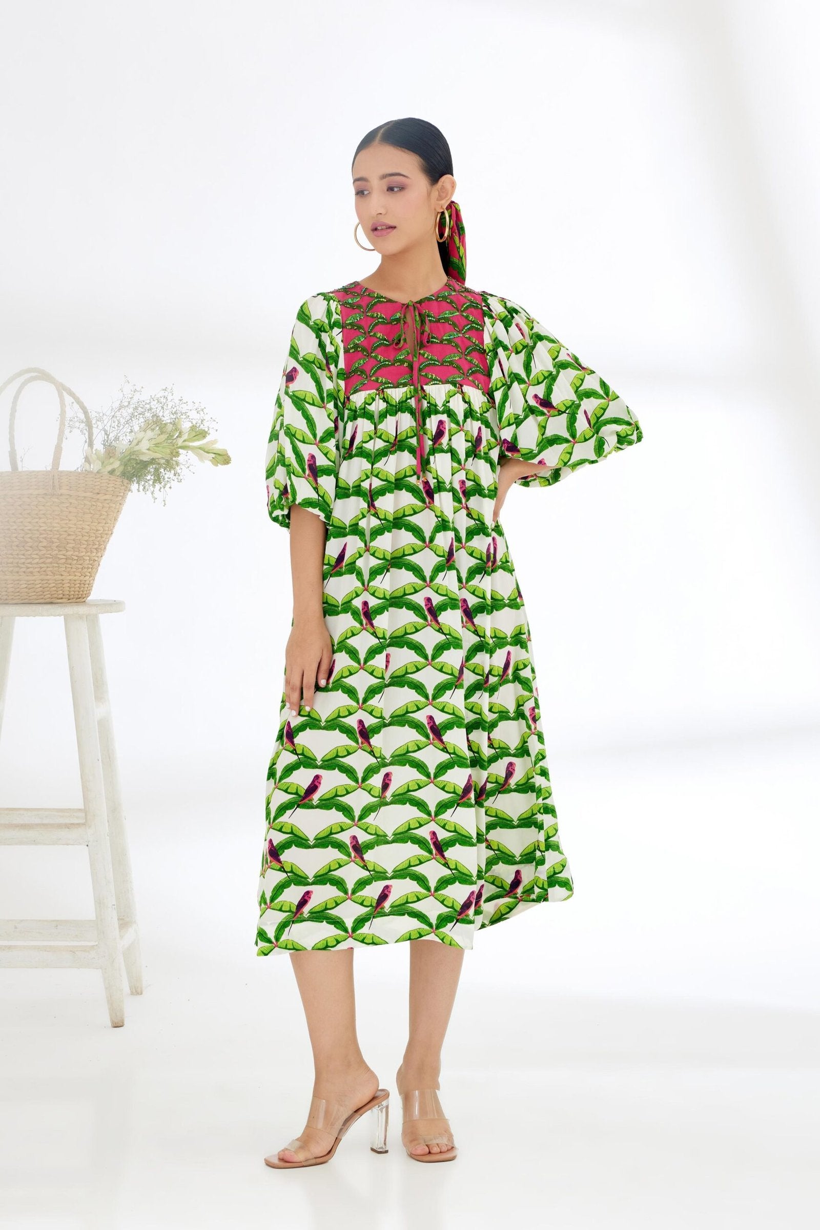 Off-White Hand painted Parakeet Print Dress