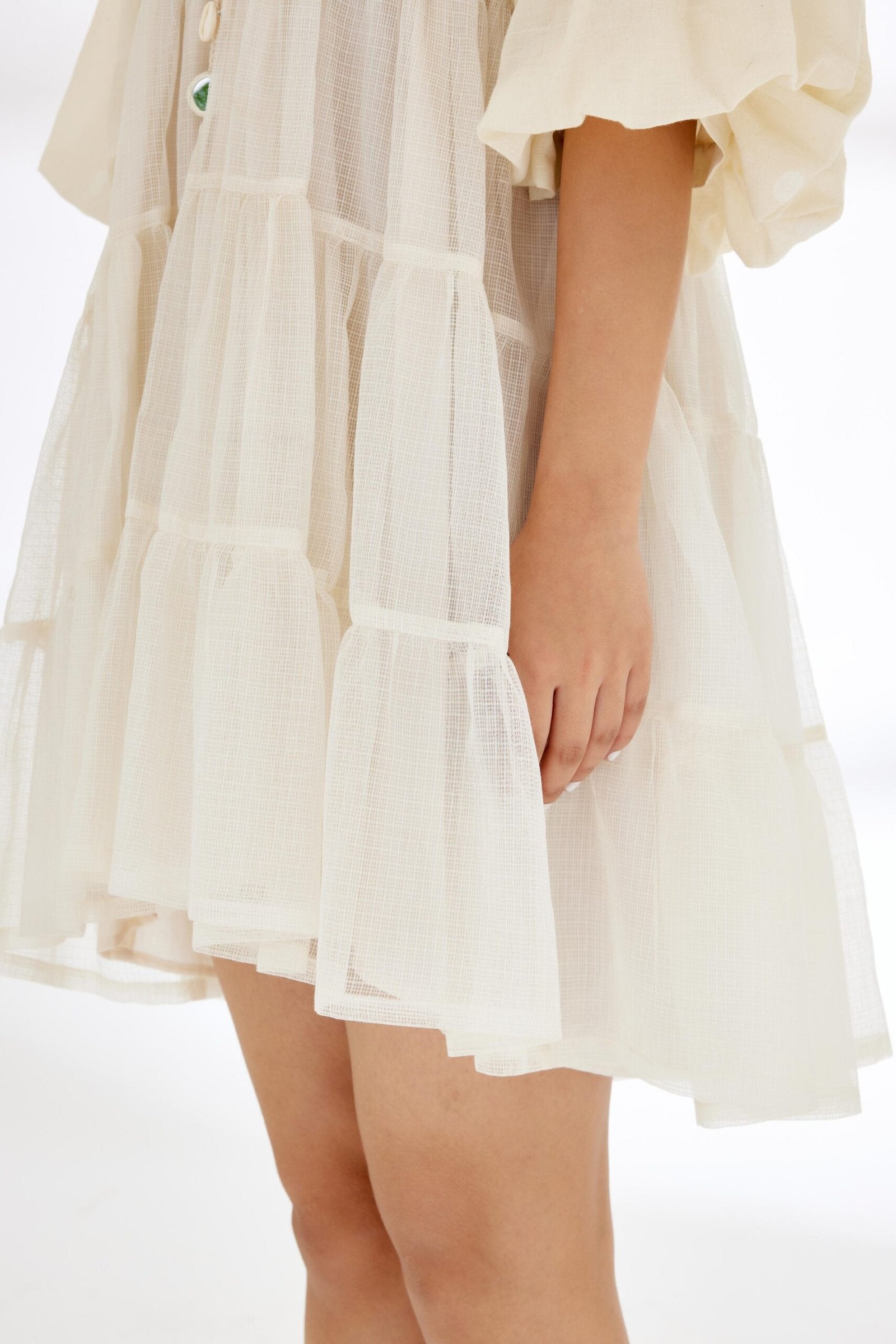 Cream Hand woven Polka Dot Jamdani Tier Dress