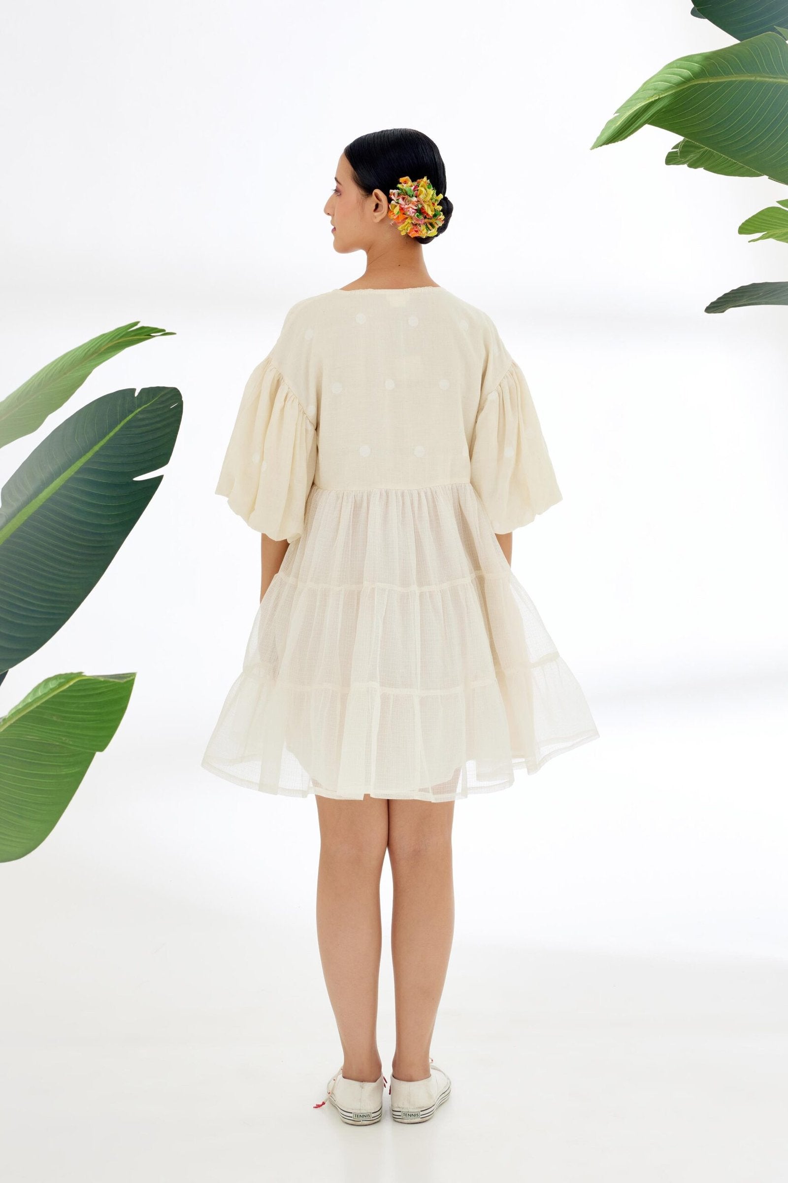 Cream Hand woven Polka Dot Jamdani Tier Dress