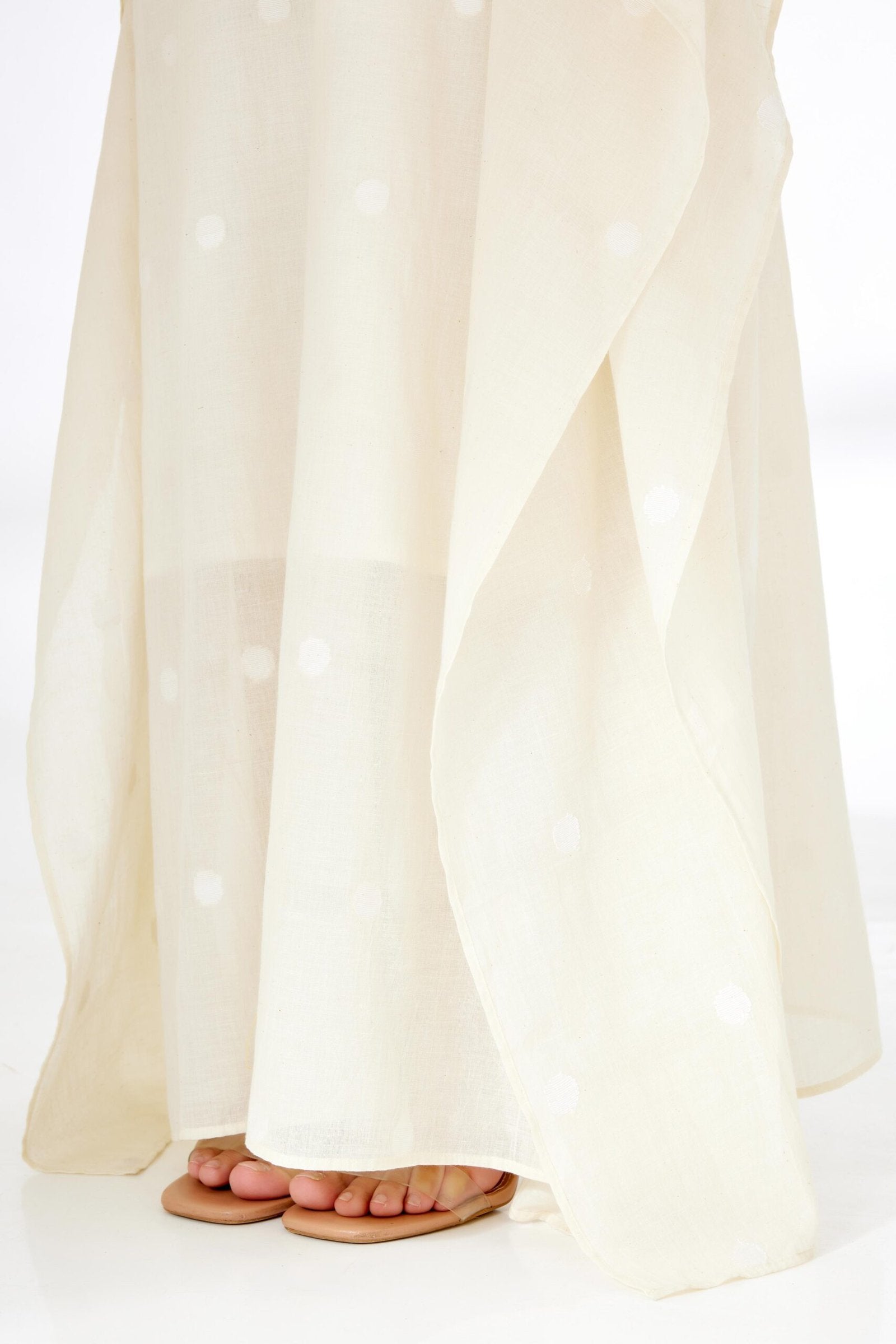 Cream Hand woven Polka Dot Jamdani Kaftan Dress