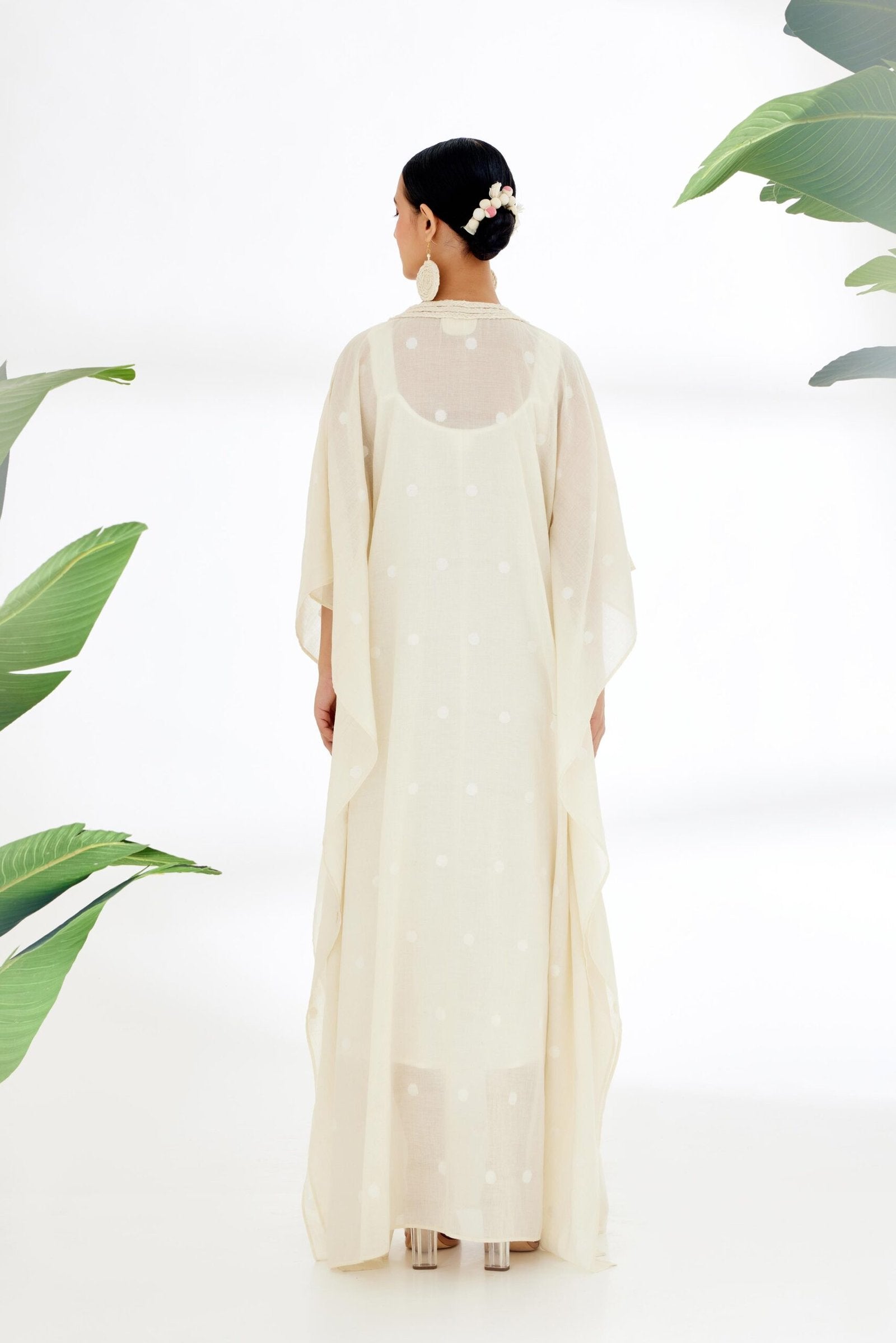 Cream Hand woven Polka Dot Jamdani Kaftan Dress