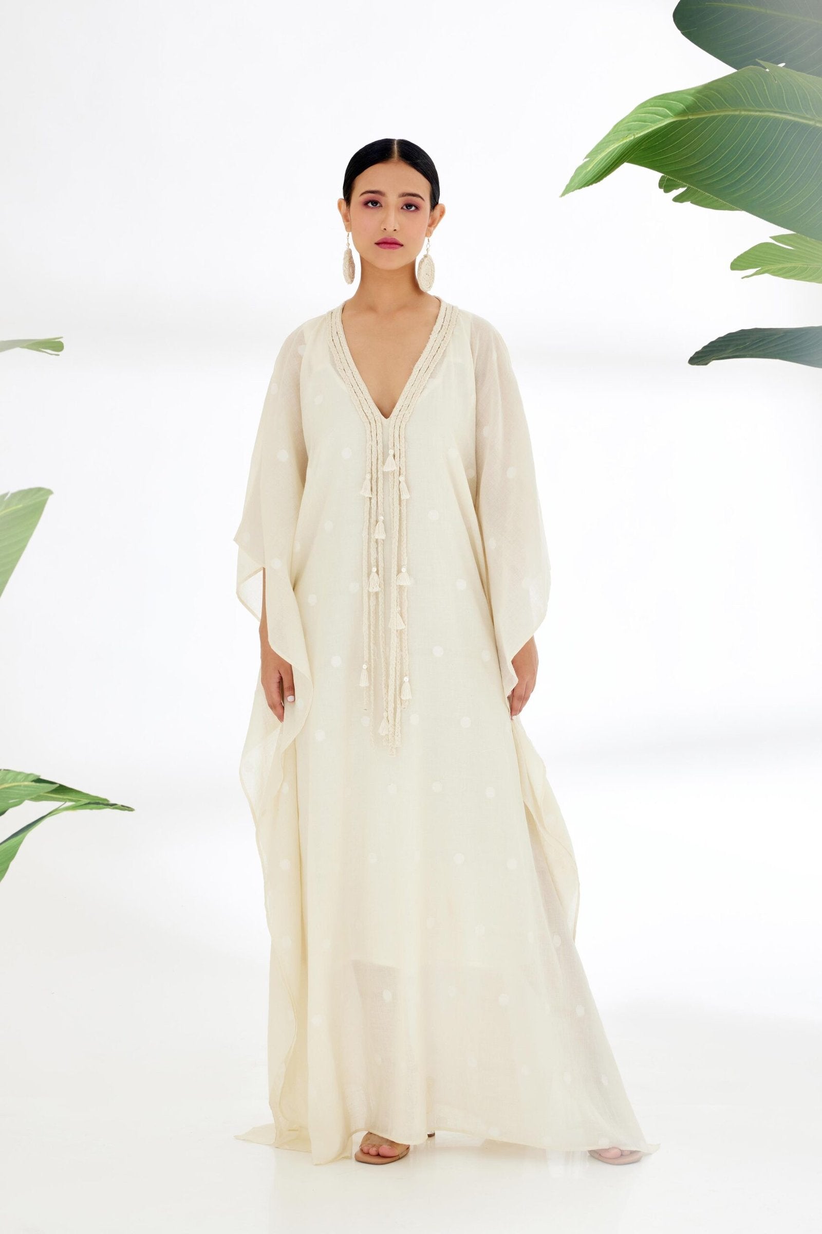 Cream Hand woven Polka Dot Jamdani Kaftan Dress