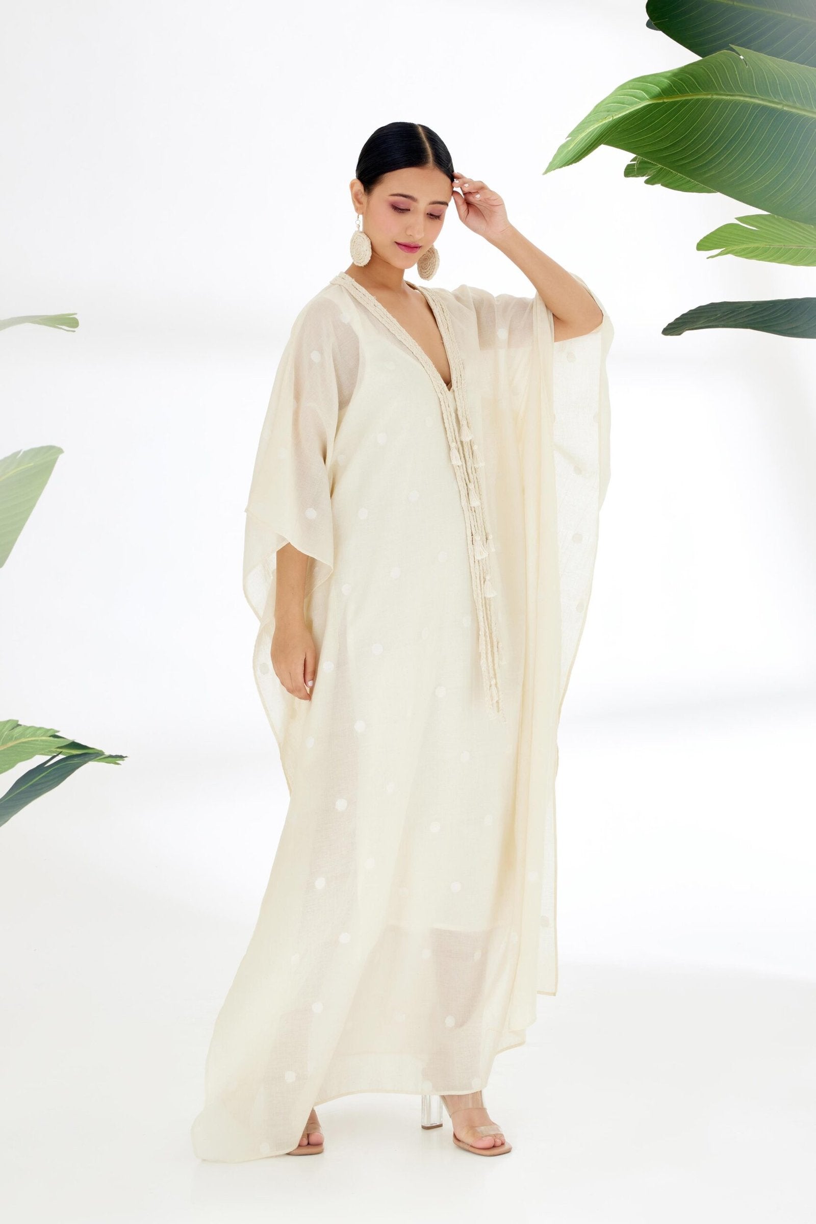 Cream Hand woven Polka Dot Jamdani Kaftan Dress