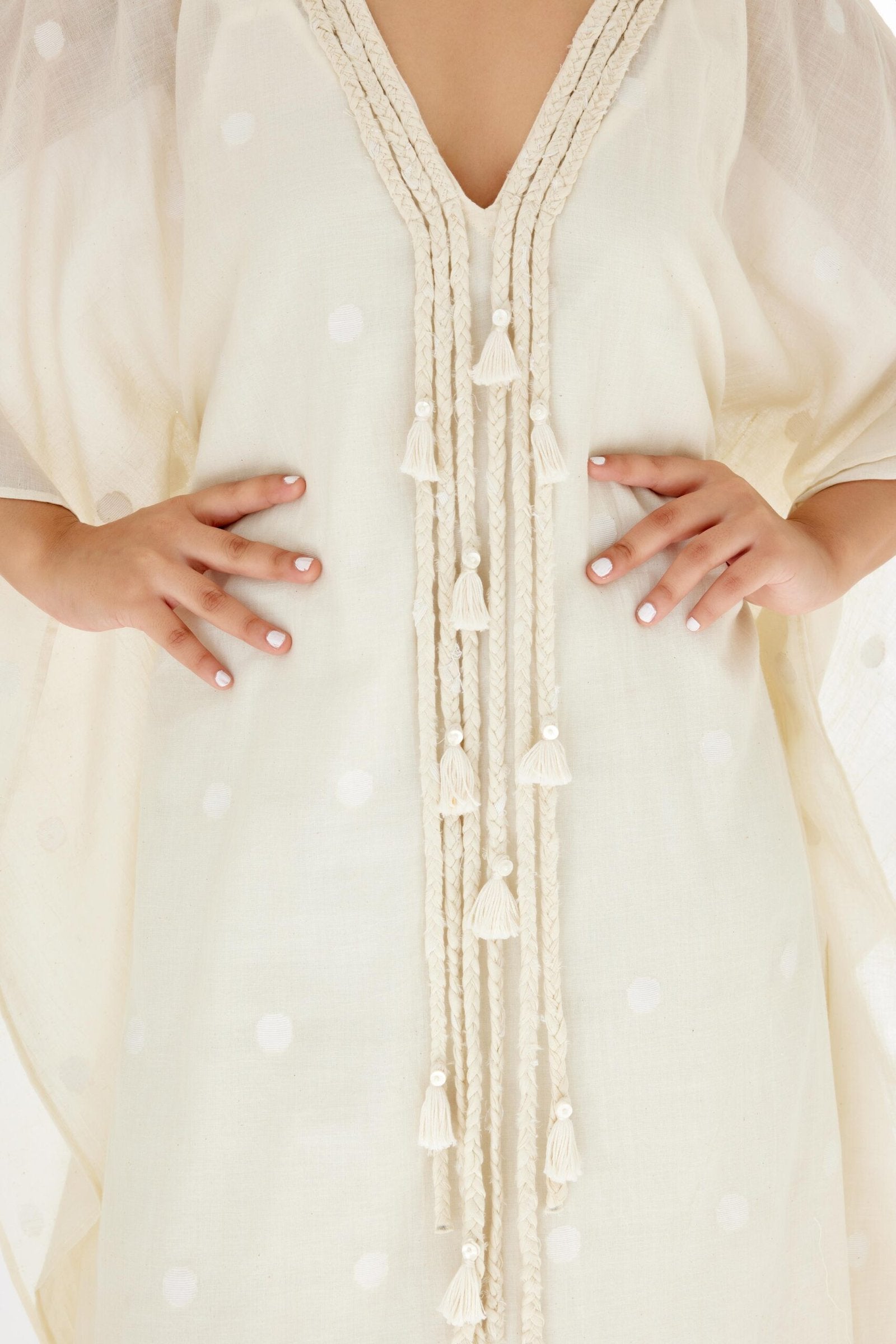 Cream Hand woven Polka Dot Jamdani Kaftan Dress