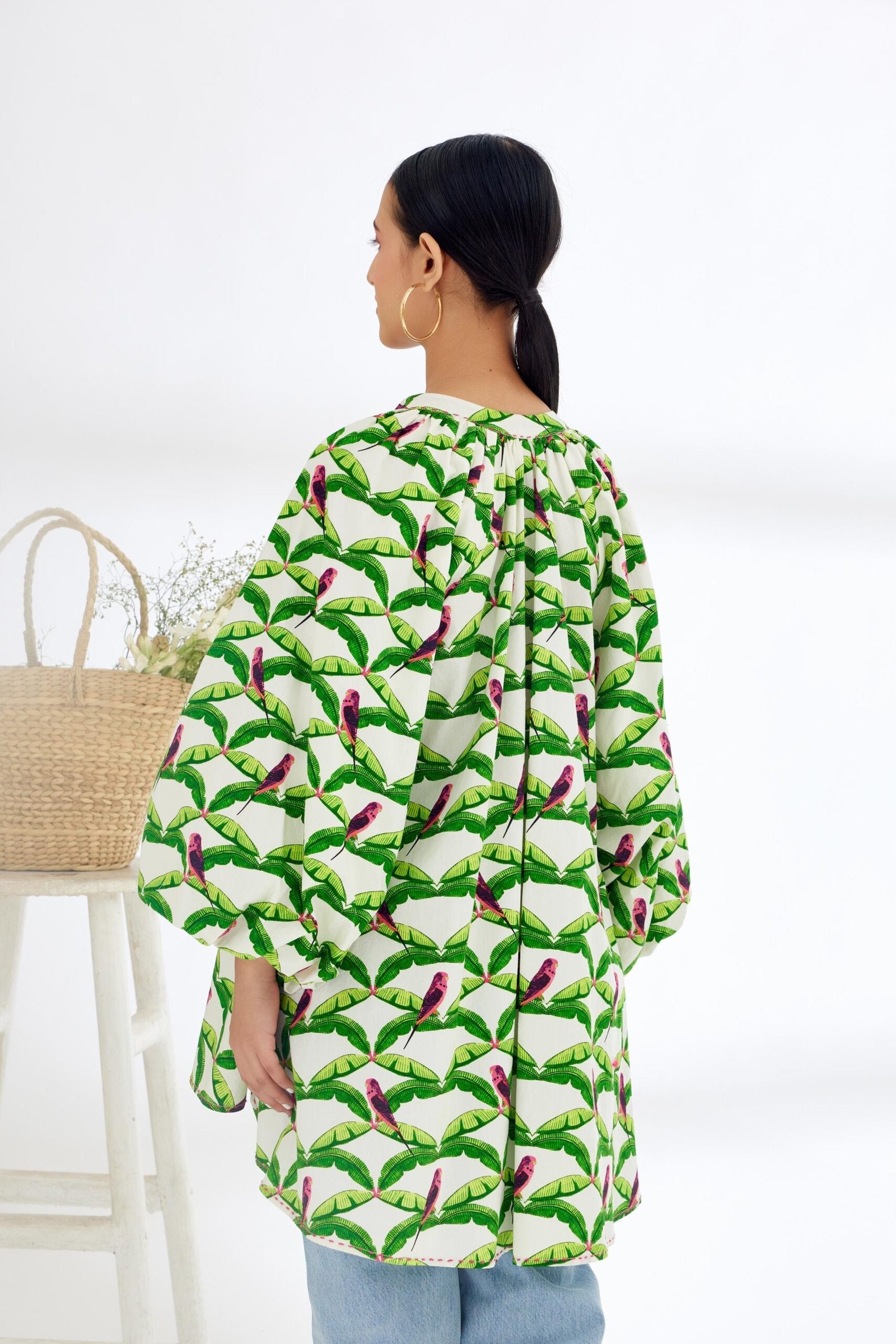 NEHA DHUPIA In Off-White Hand painted Parakeet Print bubble sleeve Shirt Dress (Copy)