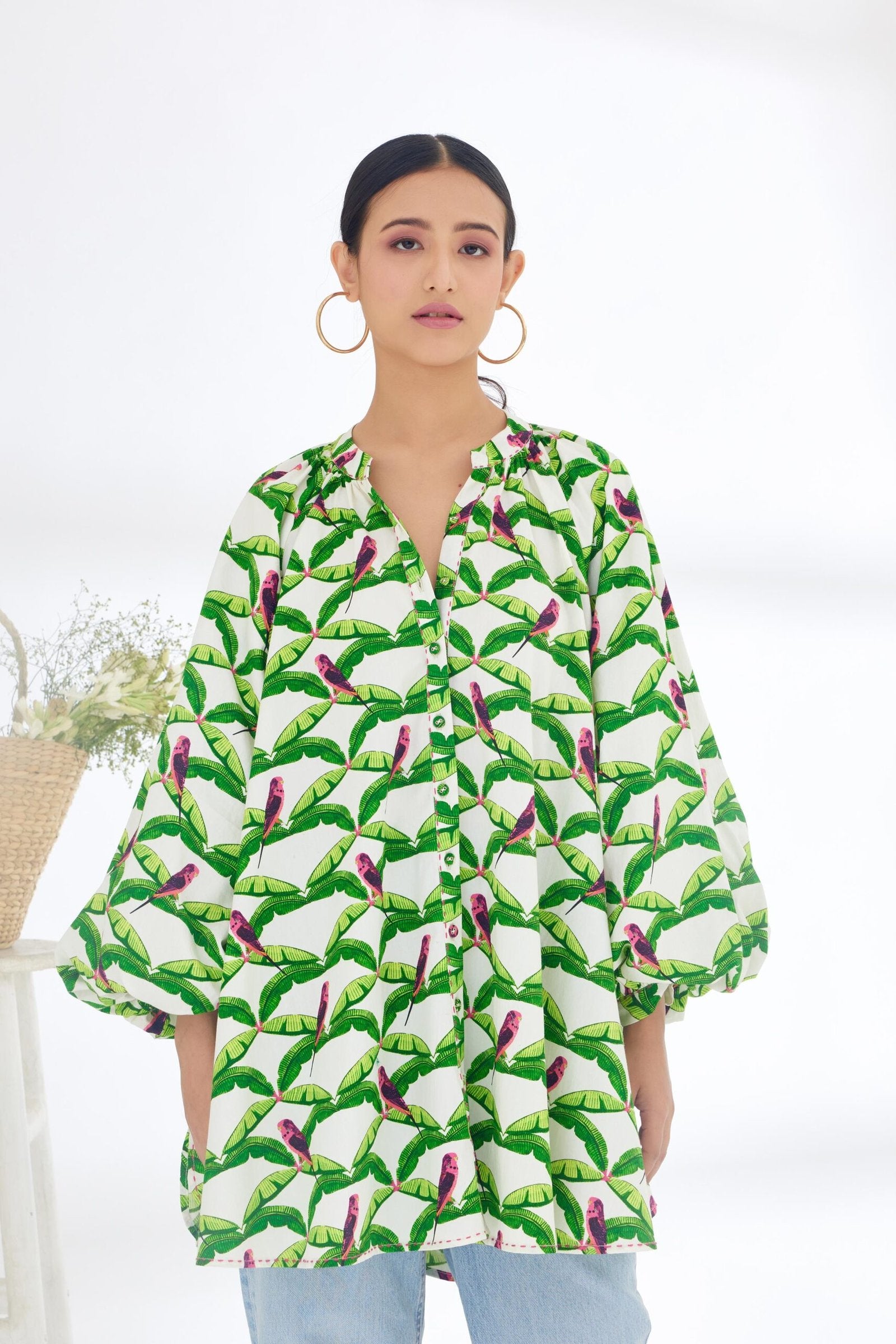 NEHA DHUPIA In Off-White Hand painted Parakeet Print bubble sleeve Shirt Dress (Copy)
