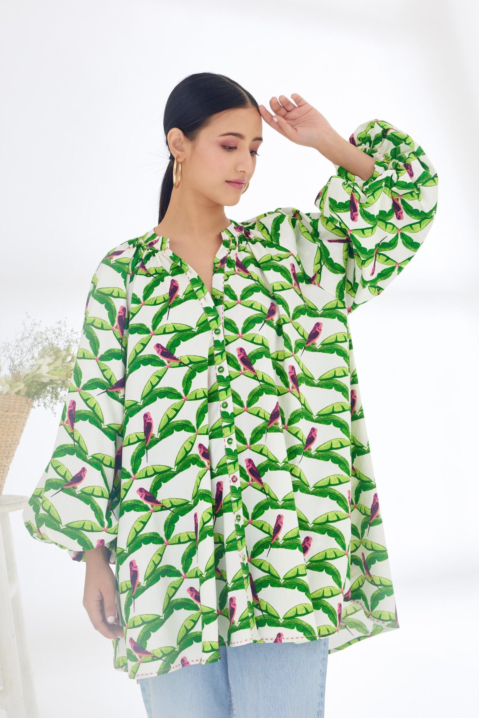 NEHA DHUPIA In Off-White Hand painted Parakeet Print bubble sleeve Shirt Dress (Copy)