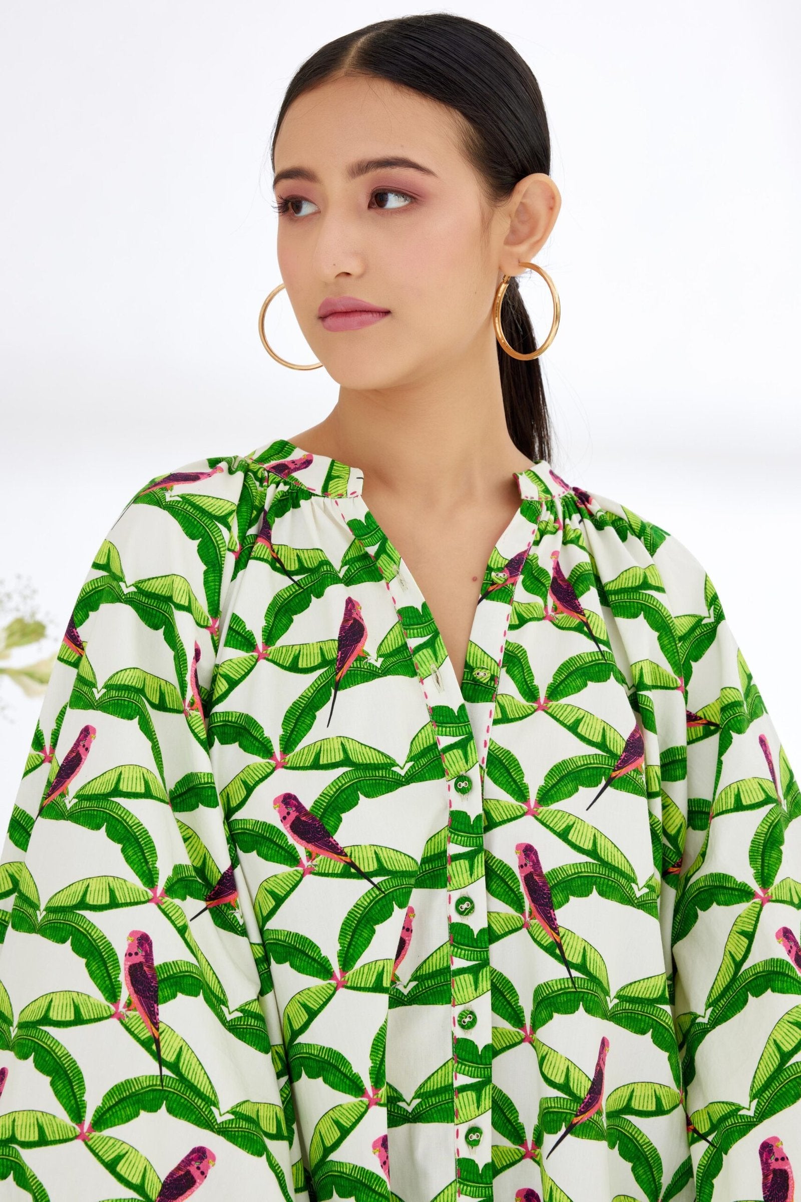 Off-White Hand painted Parakeet Print bubble sleeve Shirt Dress