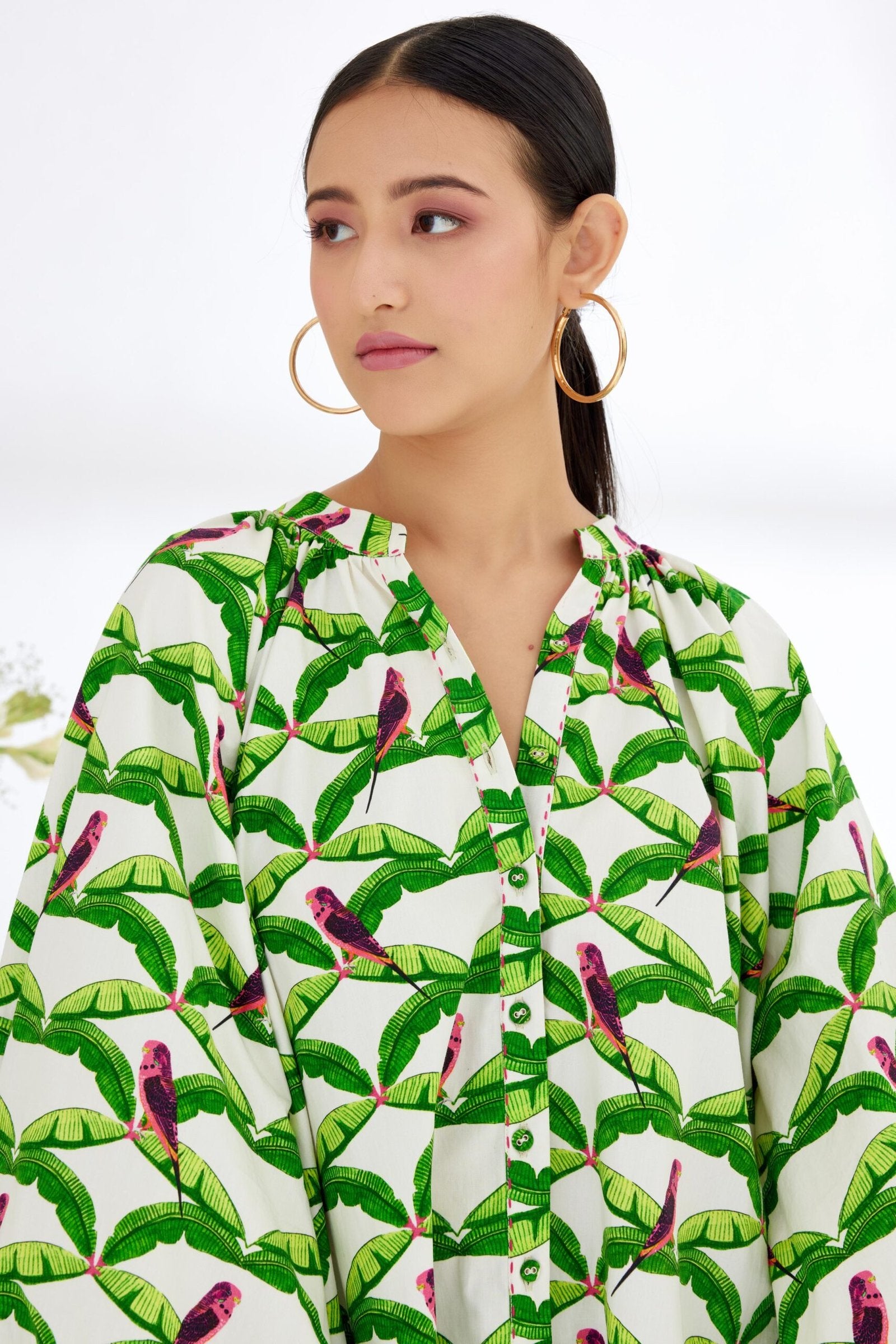 NEHA DHUPIA In Off-White Hand painted Parakeet Print bubble sleeve Shirt Dress (Copy)