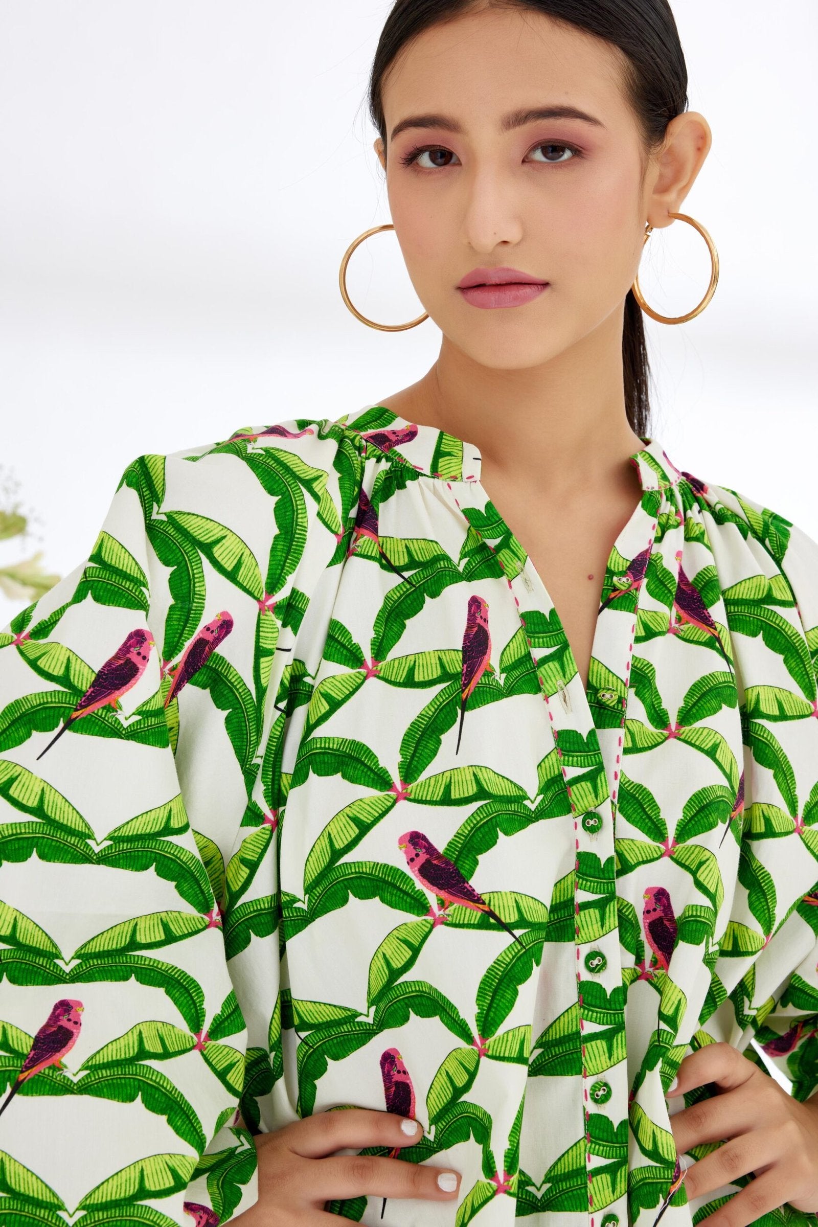 Off-White Hand painted Parakeet Print bubble sleeve Shirt Dress