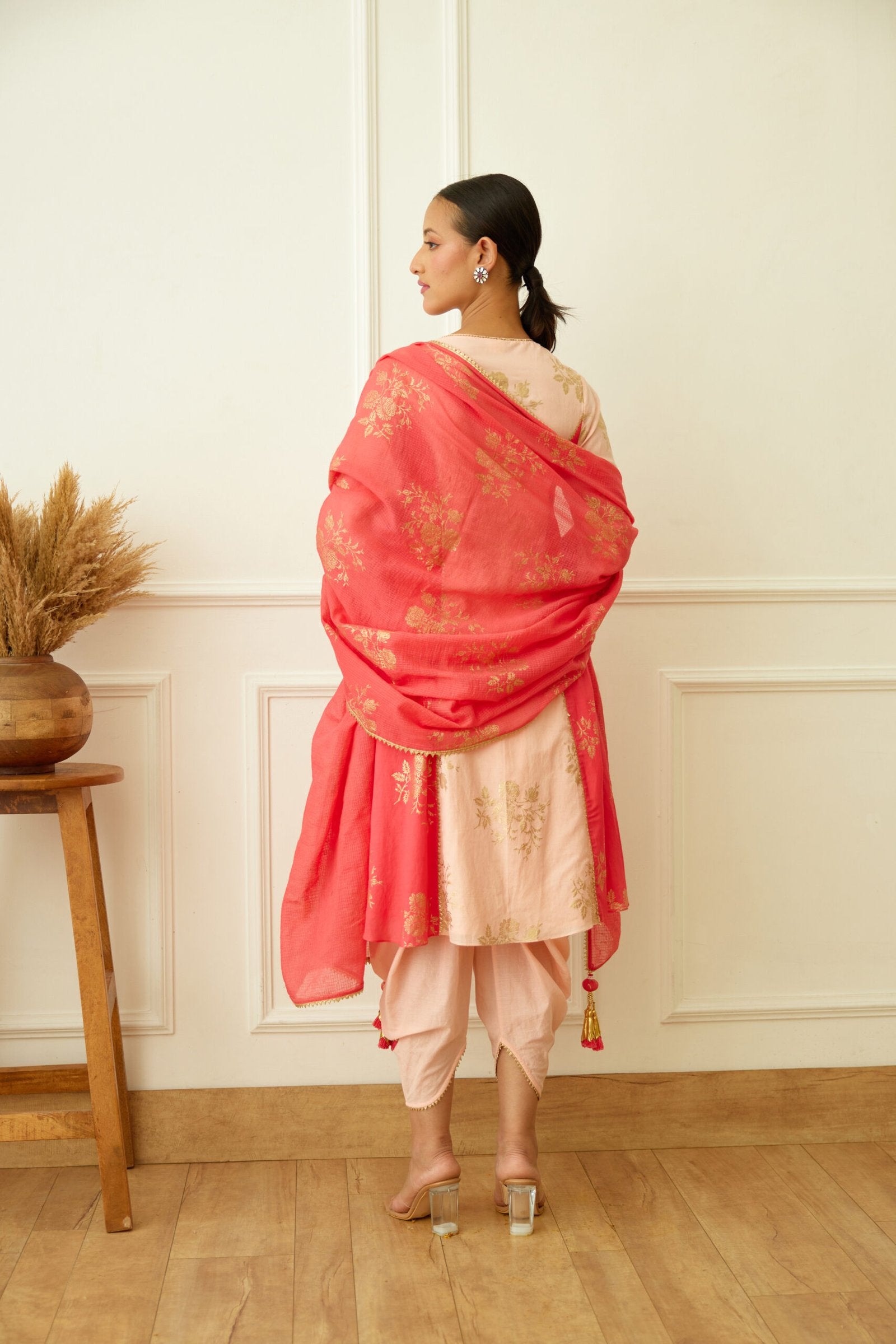 Peach Foil Dhoti Set