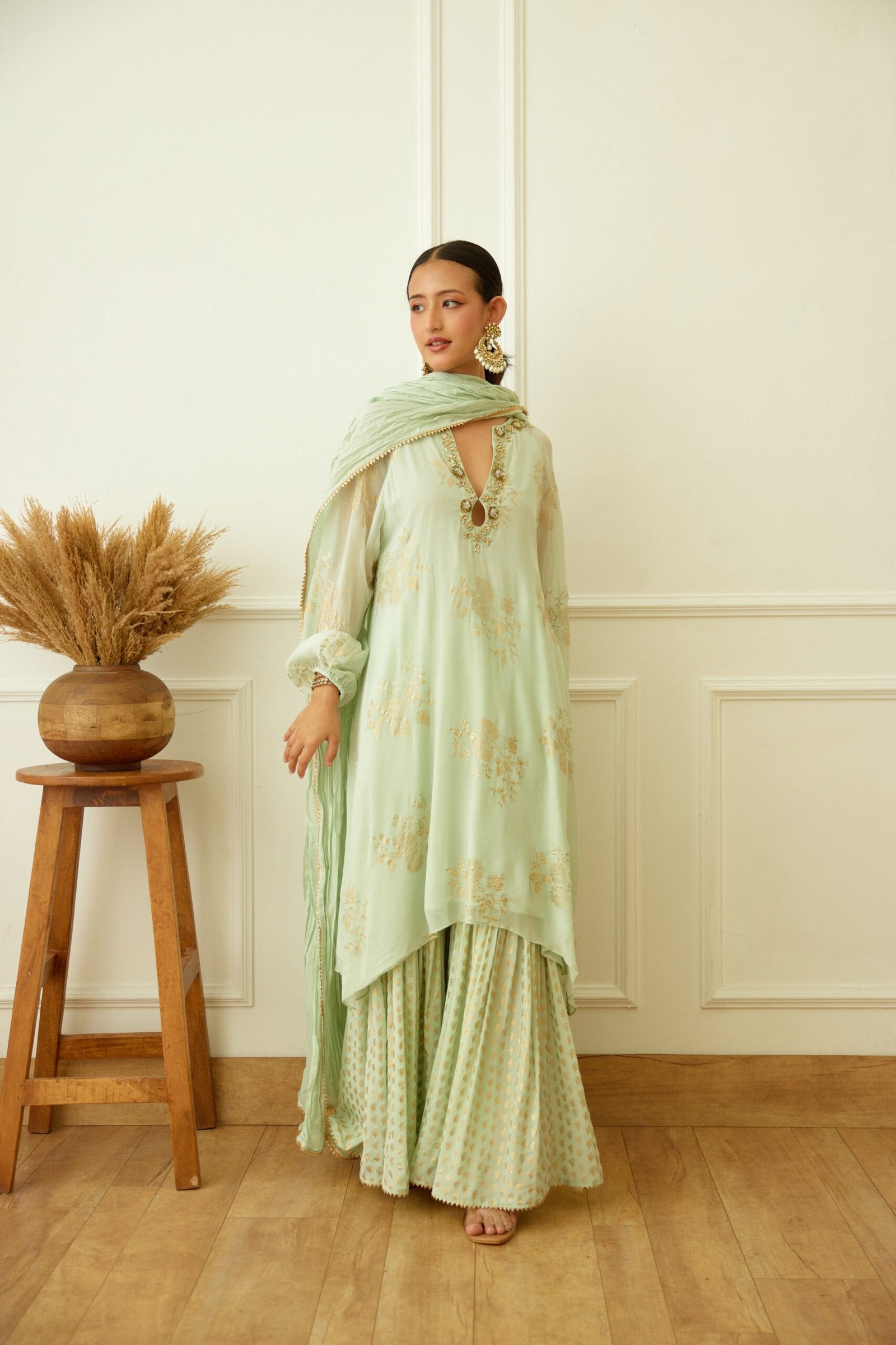 Mint Foil Embroidered Sharara Set