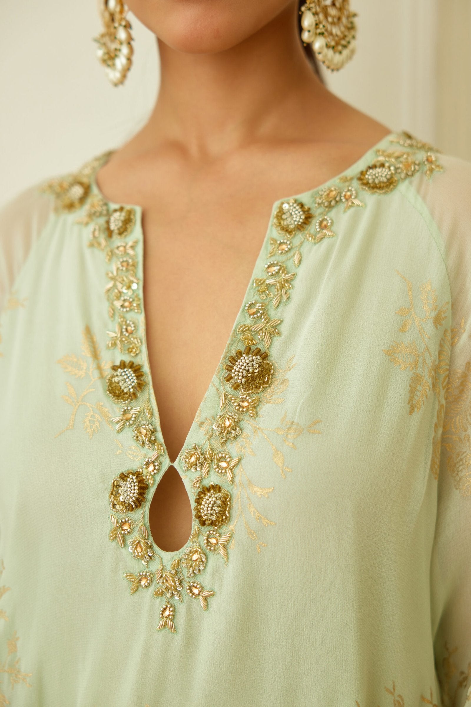 Mint Foil Embroidered Sharara Set