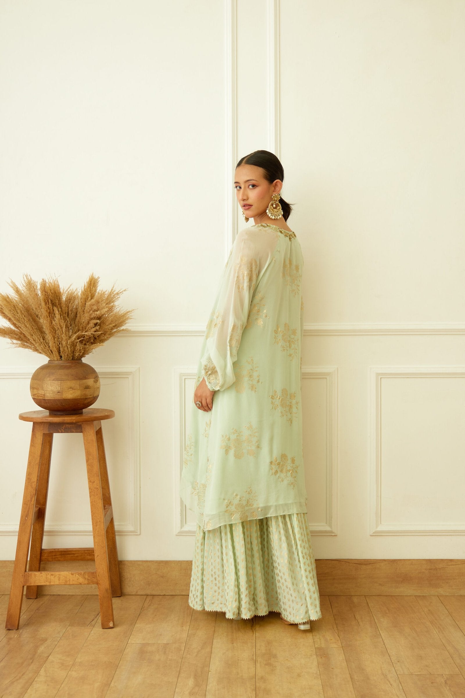 Mint Foil Embroidered Sharara Set