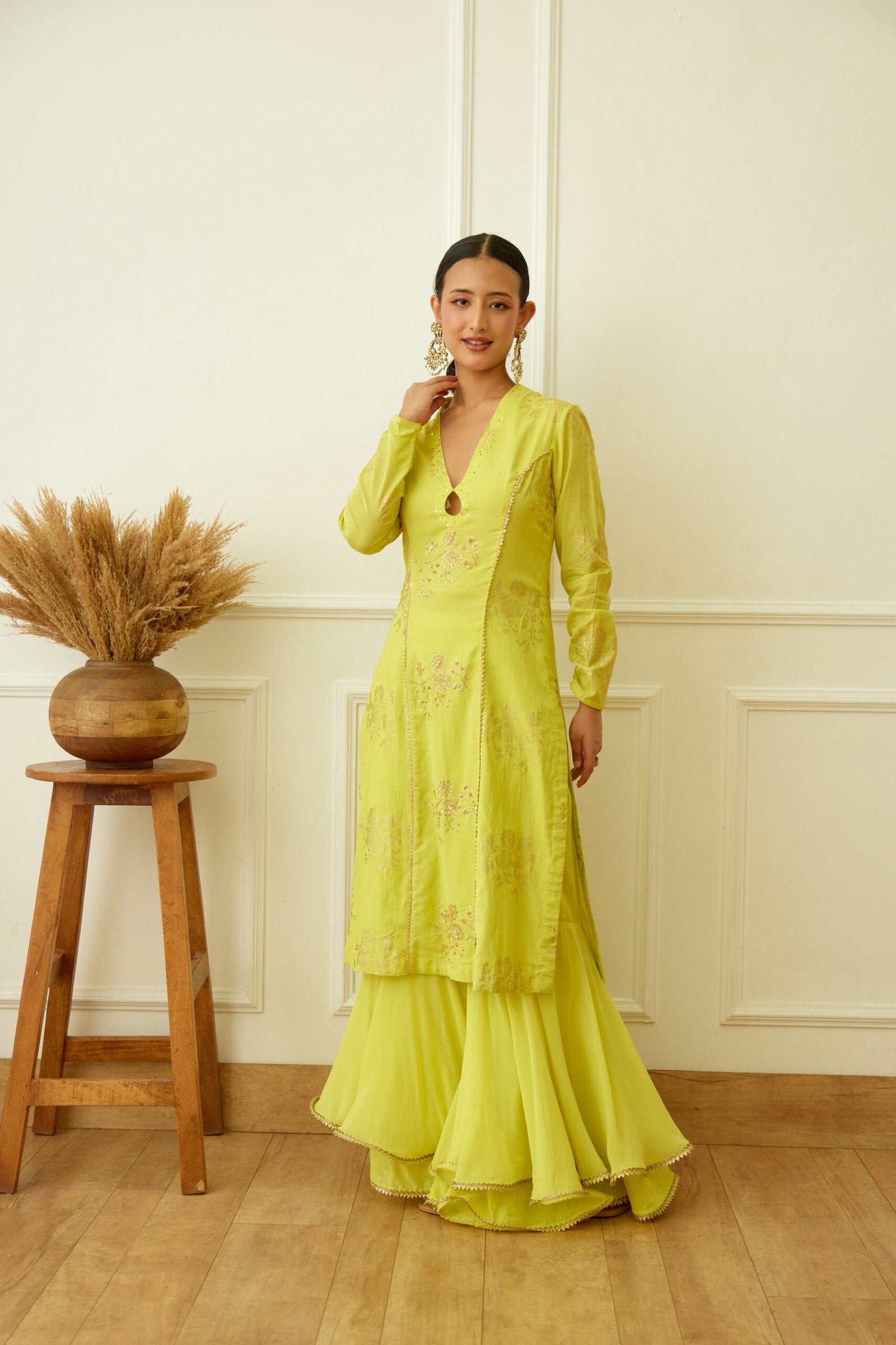 Lime Green Foil Embroidered Sharara Set