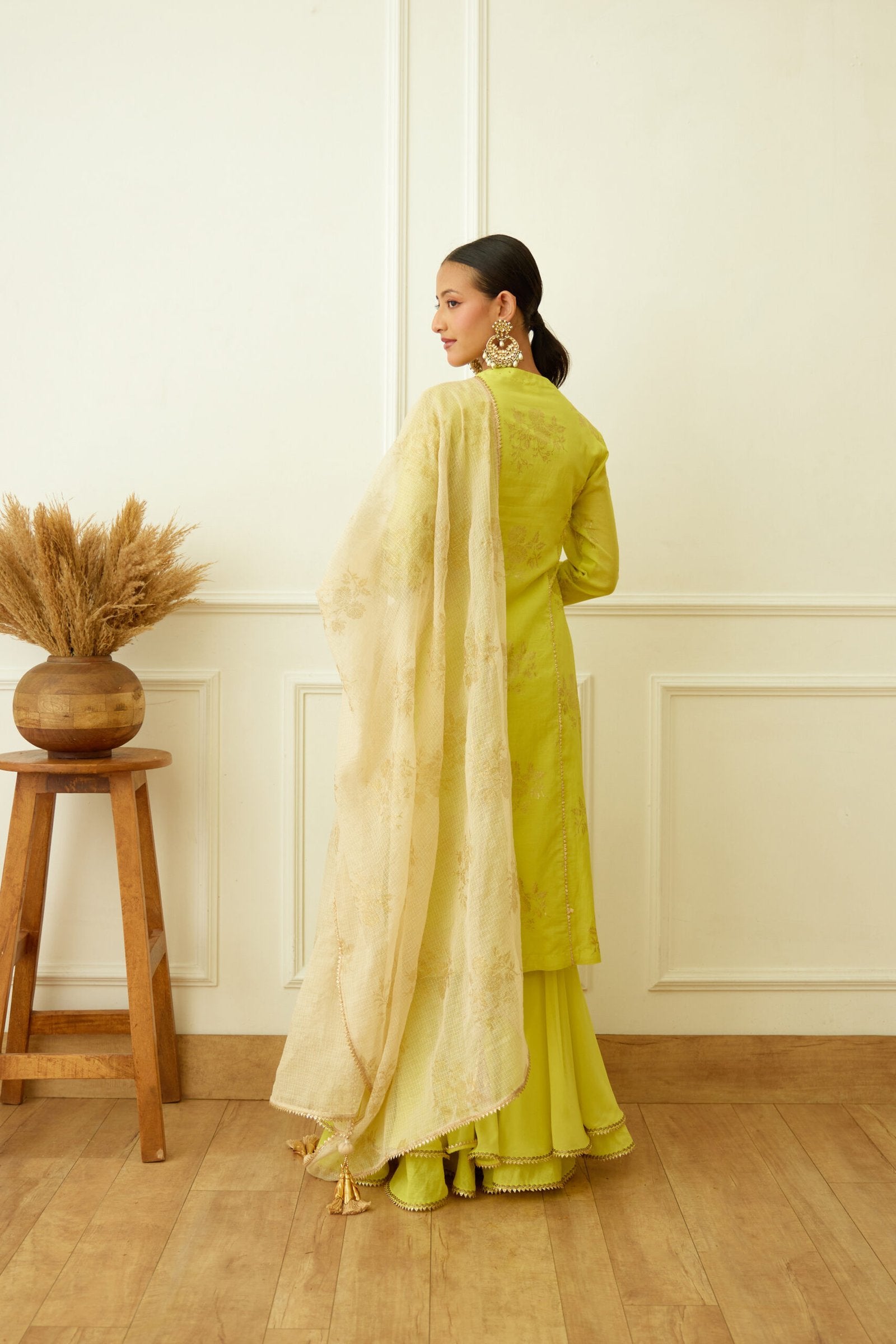 Lime Green Foil Embroidered Sharara Set