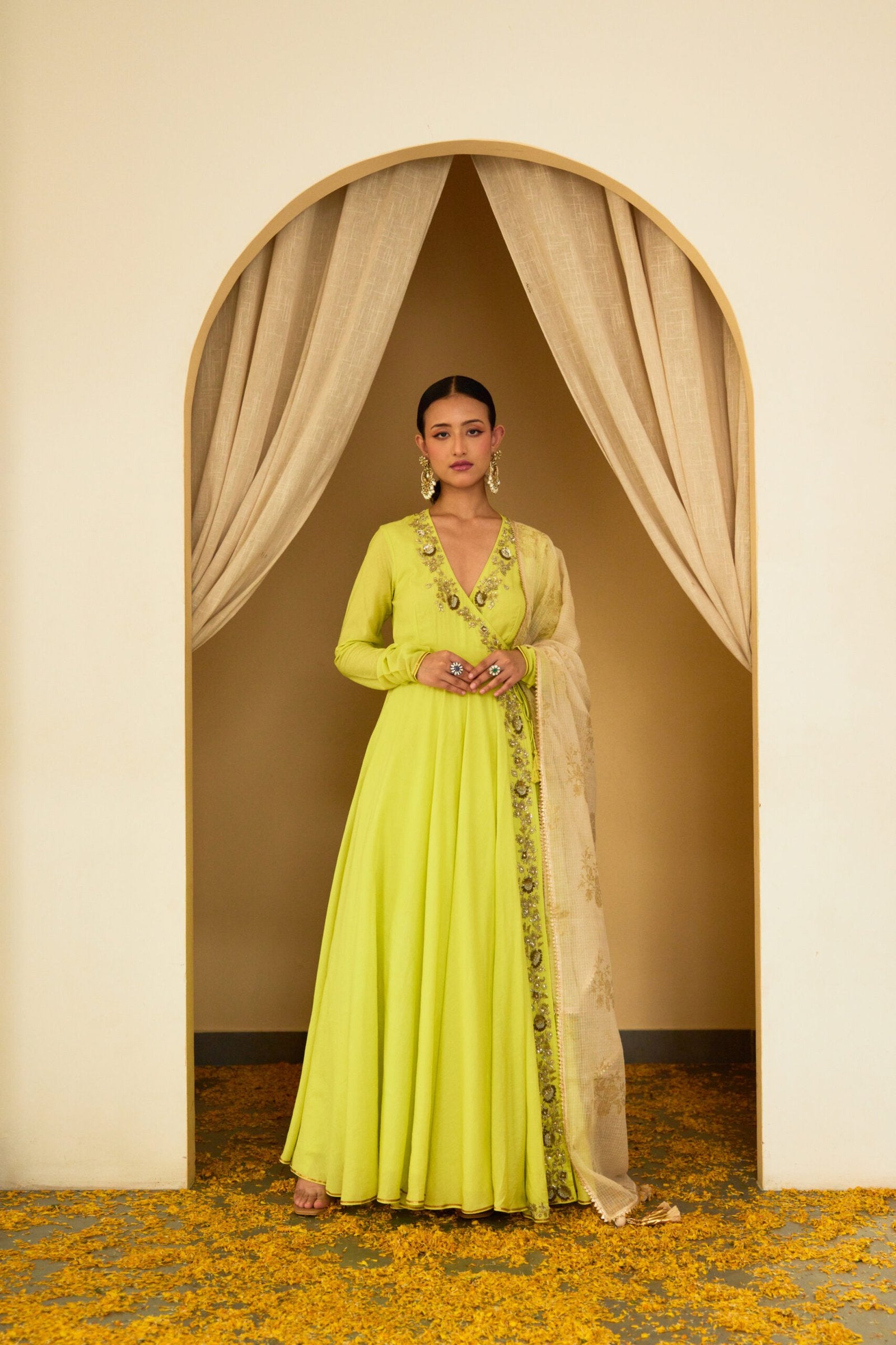 Lime Green Embroidered Angrakha Set