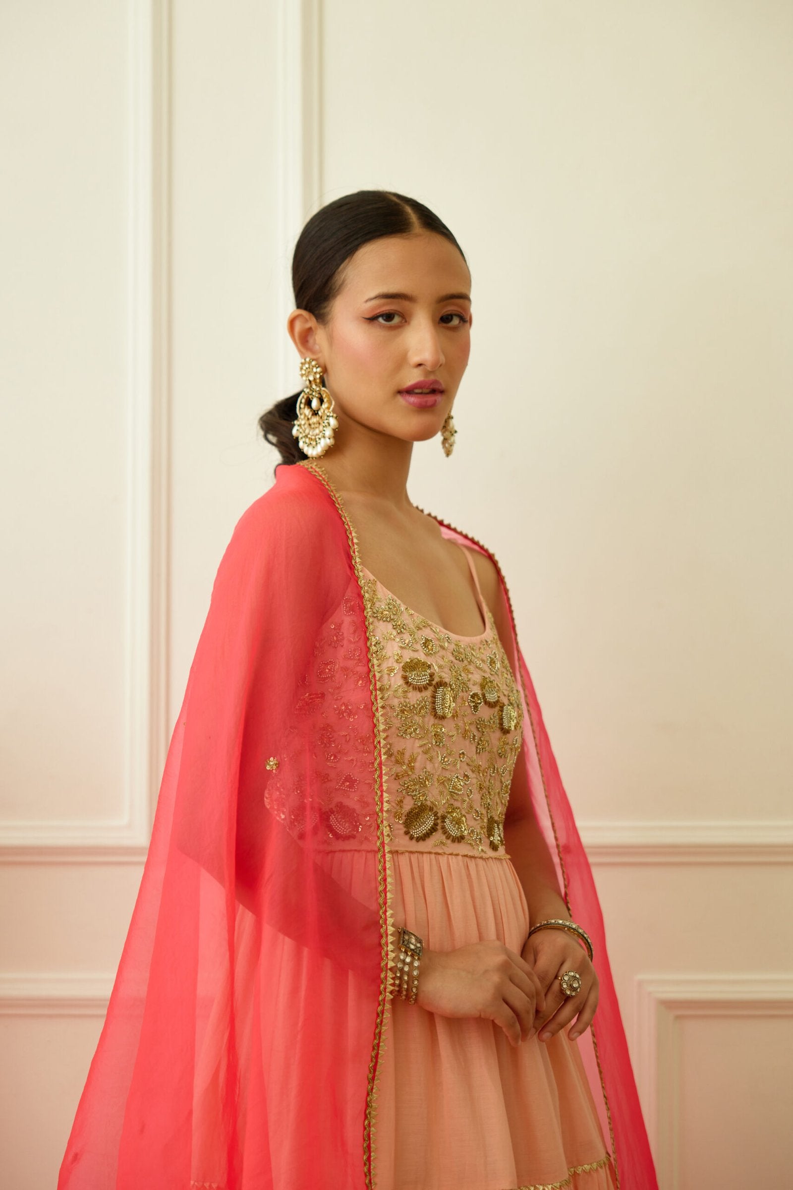 Peach Foil Embroidered Kalidar Set