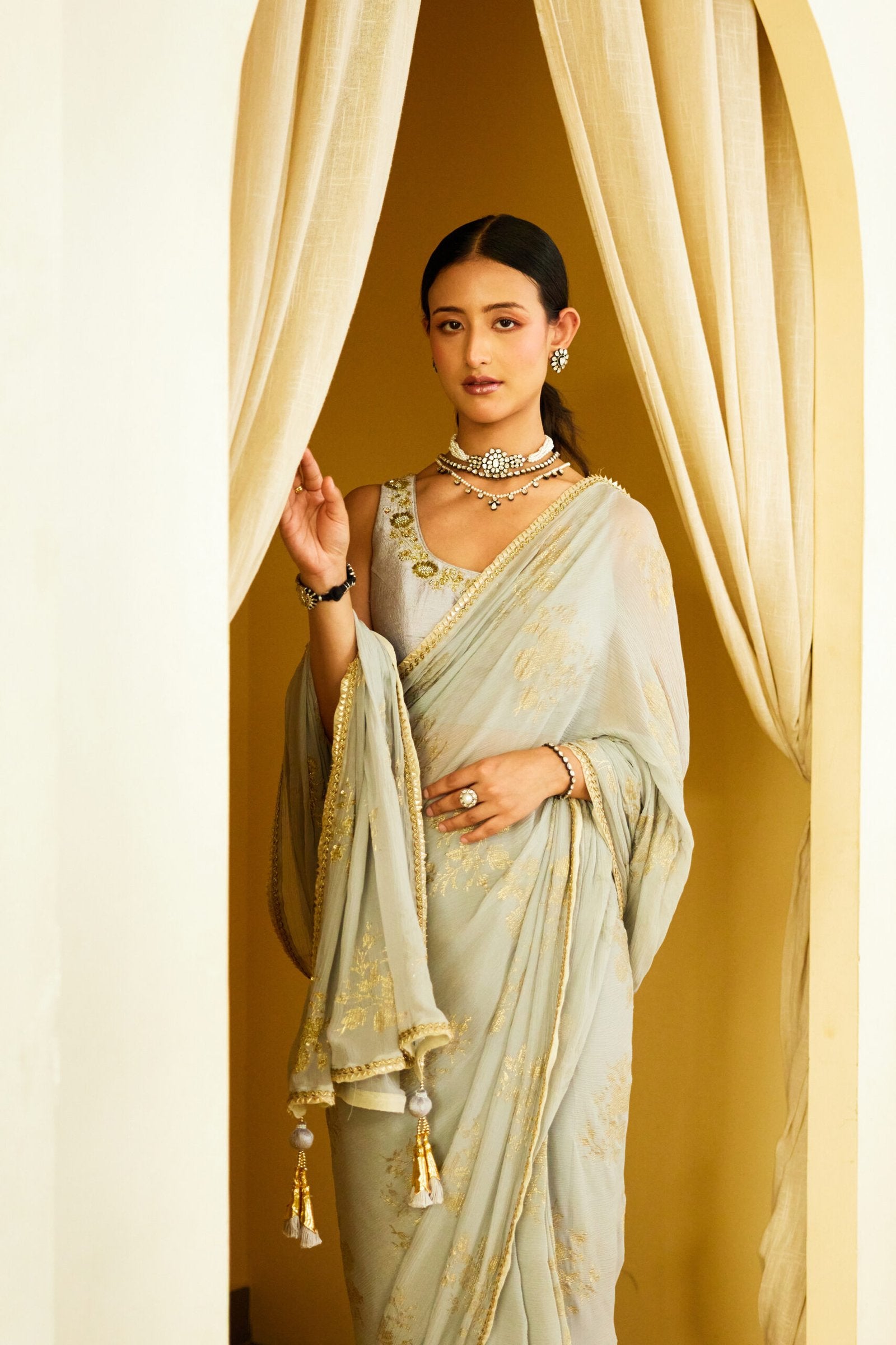 Grey Foil Pure Silk Chiffon Saree