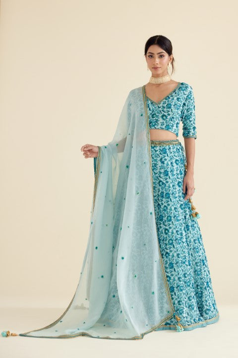 Sea Blue and Turqoish Print Lehenga Set