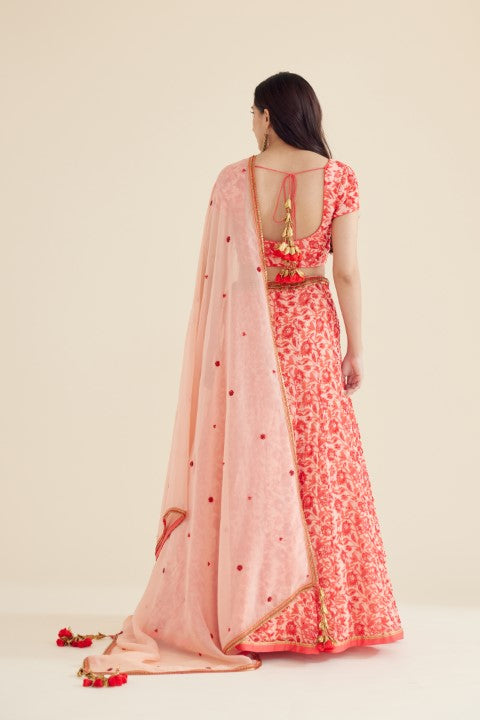 Coral Red Printed Lehenga Set