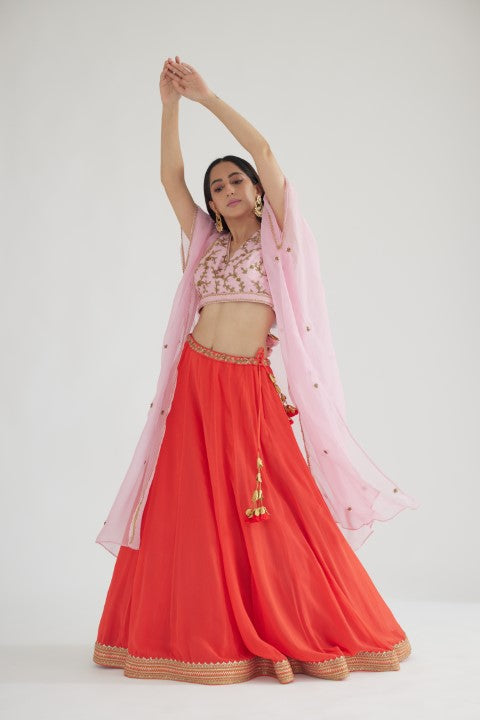 Gajjari Lehenga paired with Light Pink Blouse and Cape