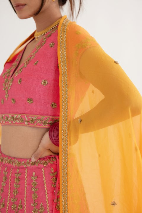 Hot Pink Lehenga with Yellow Dupatta Set