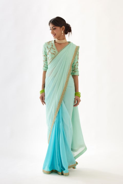 Light Blue and Turquish Ombre Saree Set