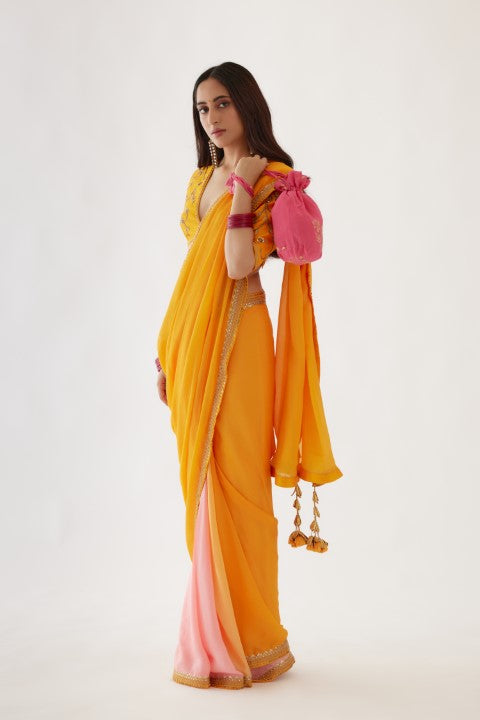 Ochre Yellow and Light Pink Ombre Saree Set