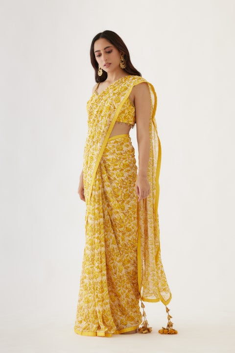 Yellow Printed Saree Set