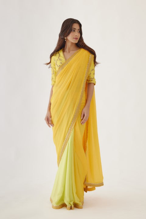 Lime Green and Yellow Ombre Saree Set