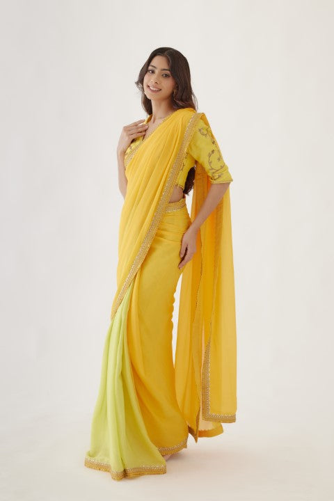 Lime Green and Yellow Ombre Saree Set