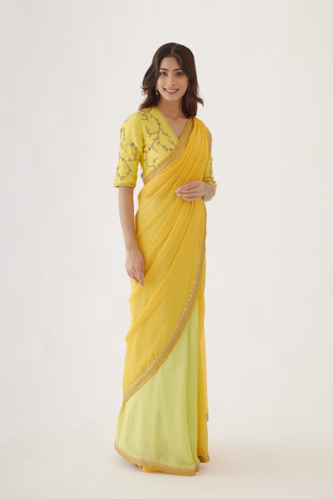 Lime Green and Yellow Ombre Saree Set