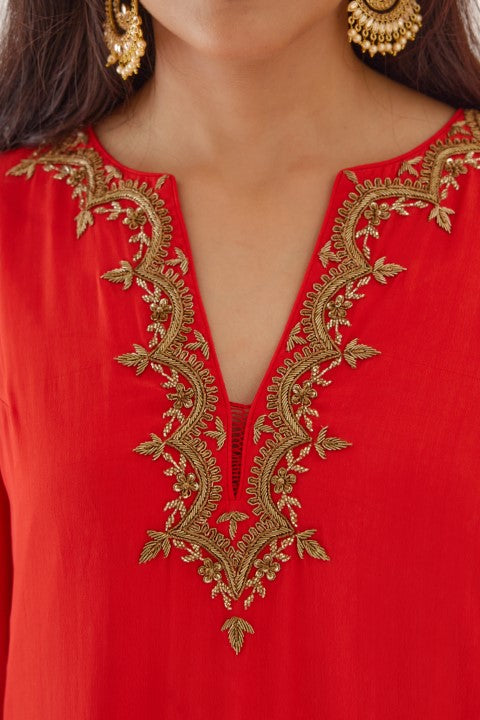 Coral Red Kurta Sharara Set