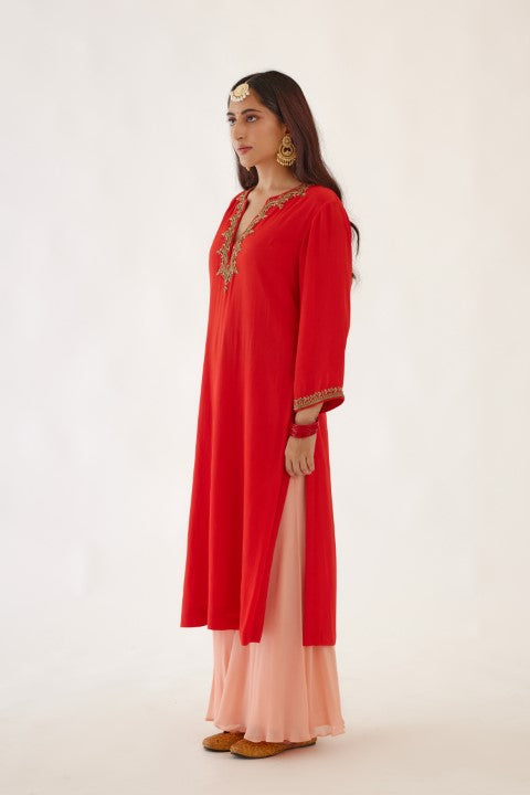 Coral Red Kurta Sharara Set