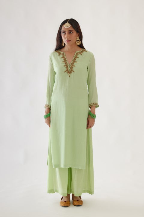 Mint Green and Coral Embroidered Kurta Set