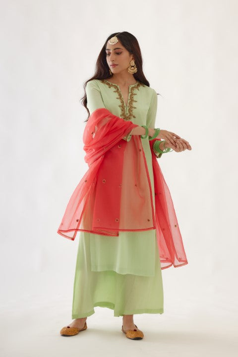 Mint Green and Coral Embroidered Kurta Set