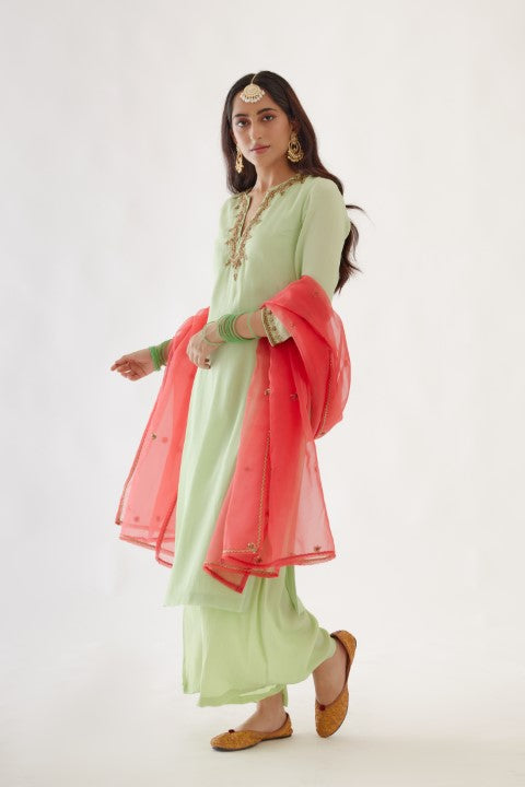 Mint Green and Coral Embroidered Kurta Set