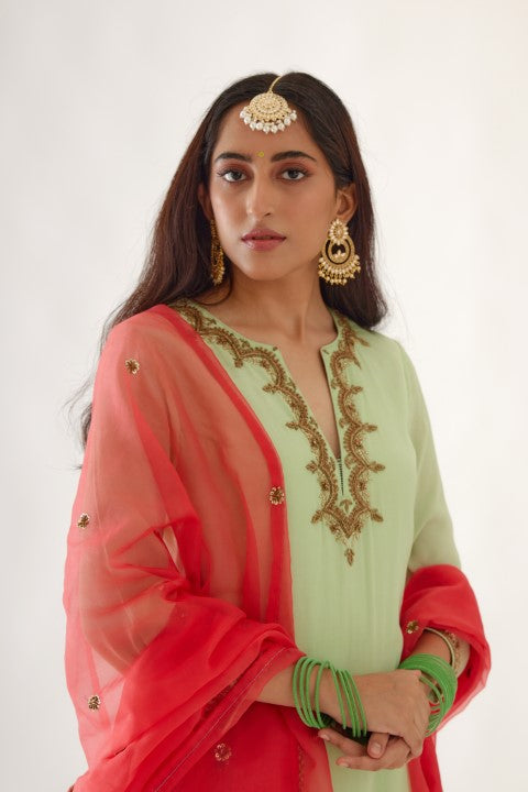 Mint Green and Coral Embroidered Kurta Set