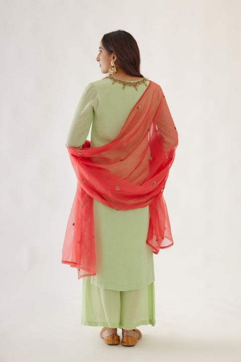 Mint Green and Coral Embroidered Kurta Set