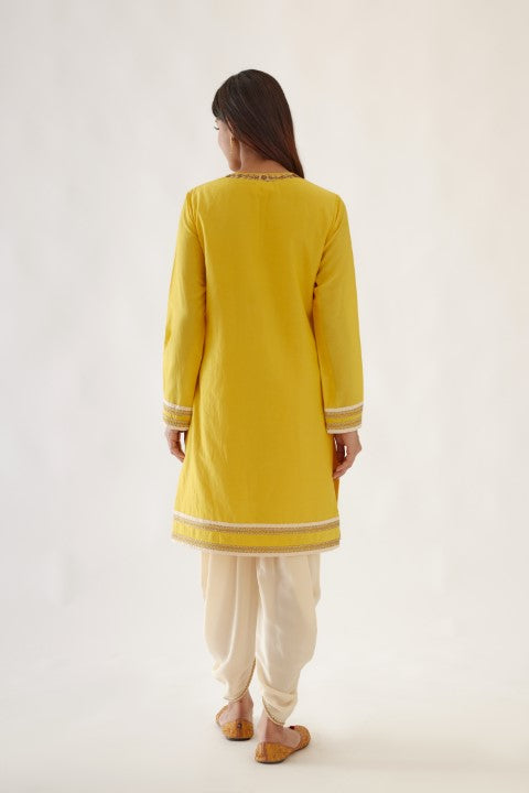 Handwoven Cotton Silk Yellow and Cream Kurta Dhoti Set