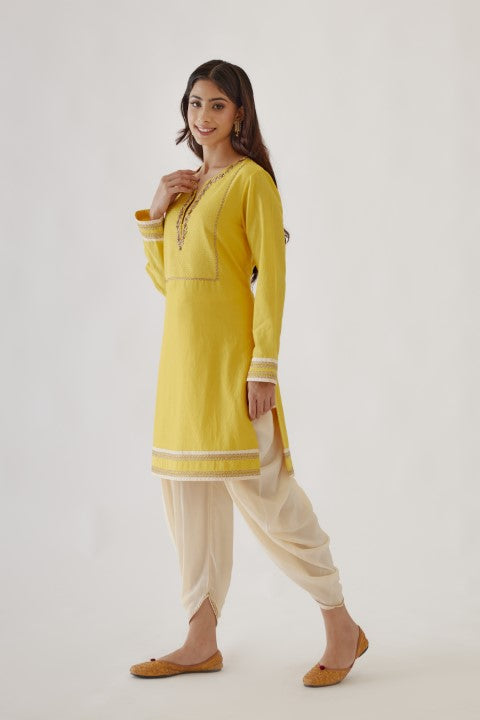 Handwoven Cotton Silk Yellow and Cream Kurta Dhoti Set