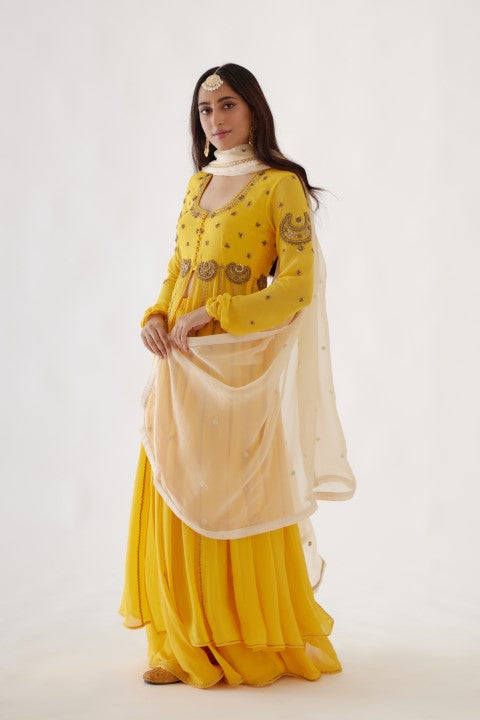 Yellow Embroidered Kalidar Set