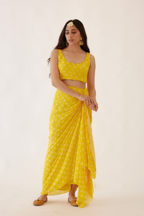 Yellow Bandani Print Drape Skirt Set