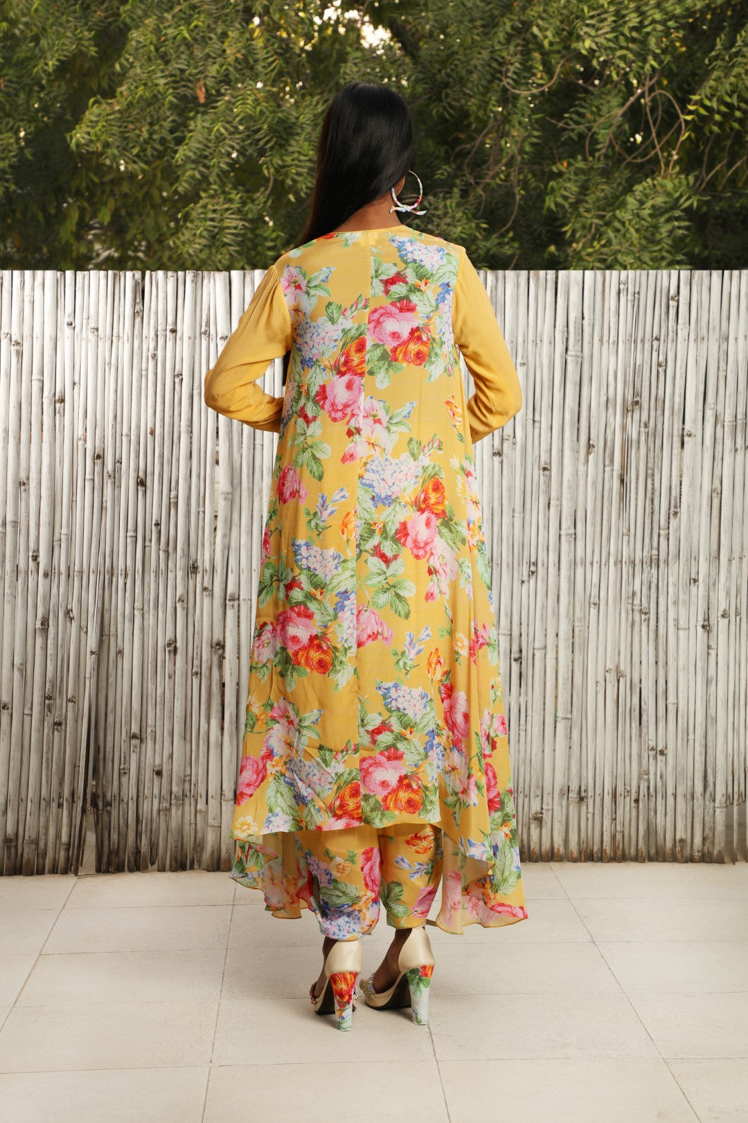 Ochre crepe vintage rose asymmetrical tunic, teamed with crepe cowl dhoti.