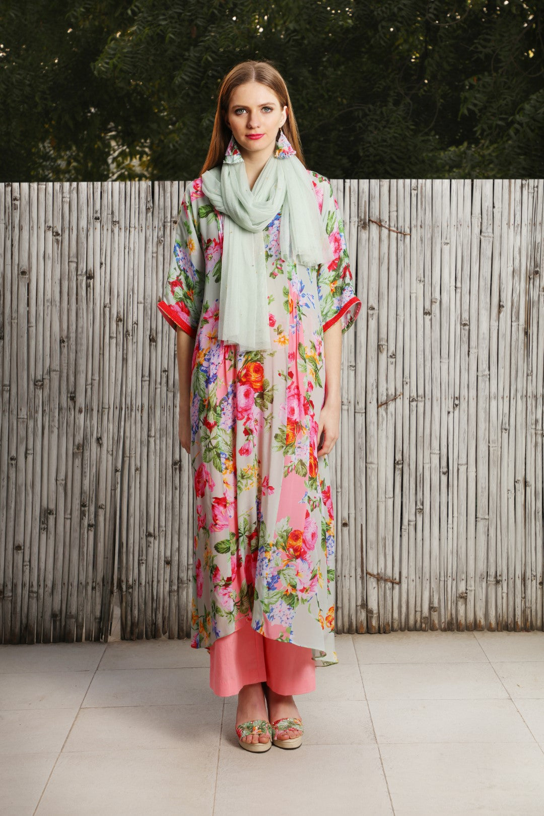 Mint vintage rose  A-line kaftan teamed with  mithai pink straight cropped pants and scraf.