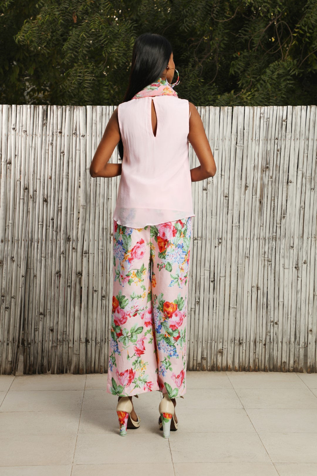 Soft pink sleeveless top teamed with straight cropped vintage rose pants and scarf.