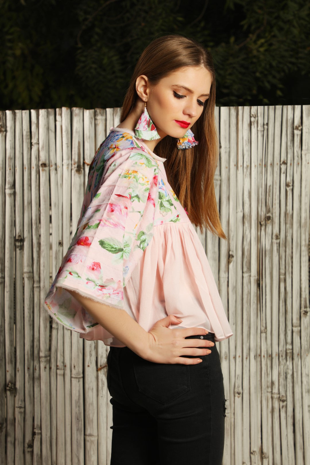 Soft pink  vintage rose poplin top with frills in georgette.